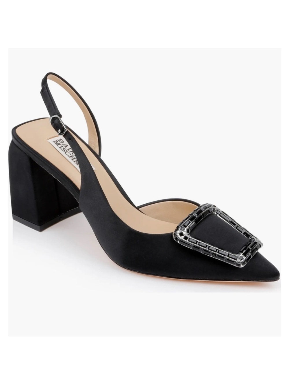 Bradley Mischka Black Embellished Pointed Slingback Block Heel Size 5.5